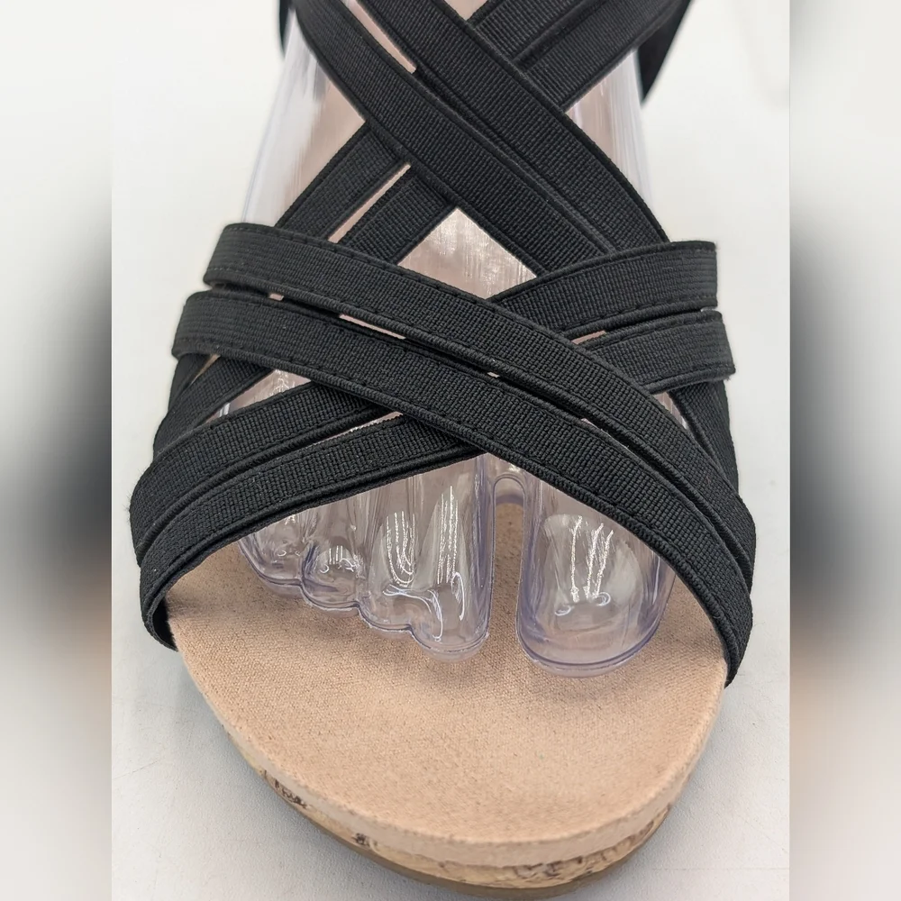 Life Stride Mallory Sz 9M Women's Black Elastic Straps Cork Texture Wedge Sandal